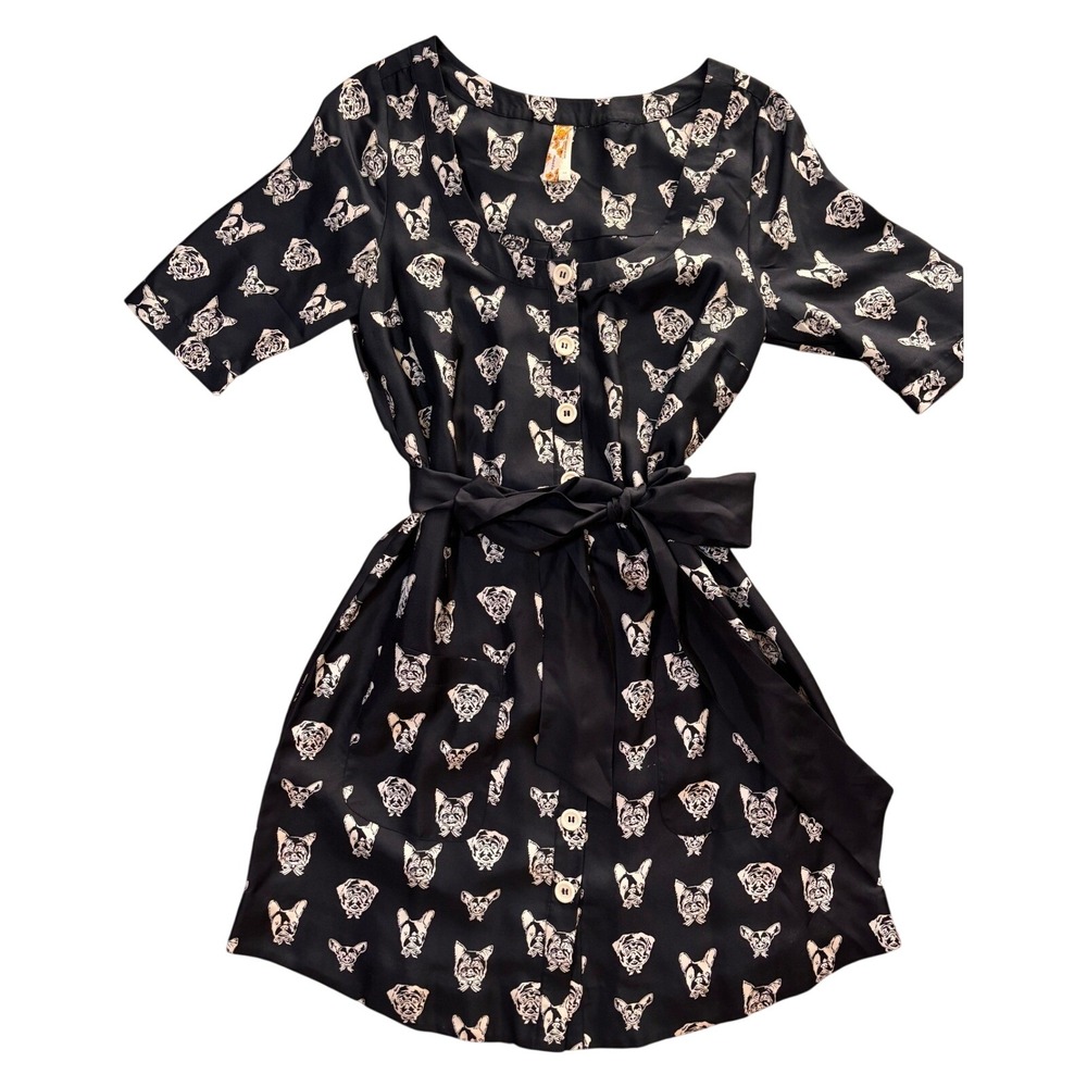 Maeve Silk Dog Print Shirt Dress Womens XS Black Excellent Belted Midi Pocket